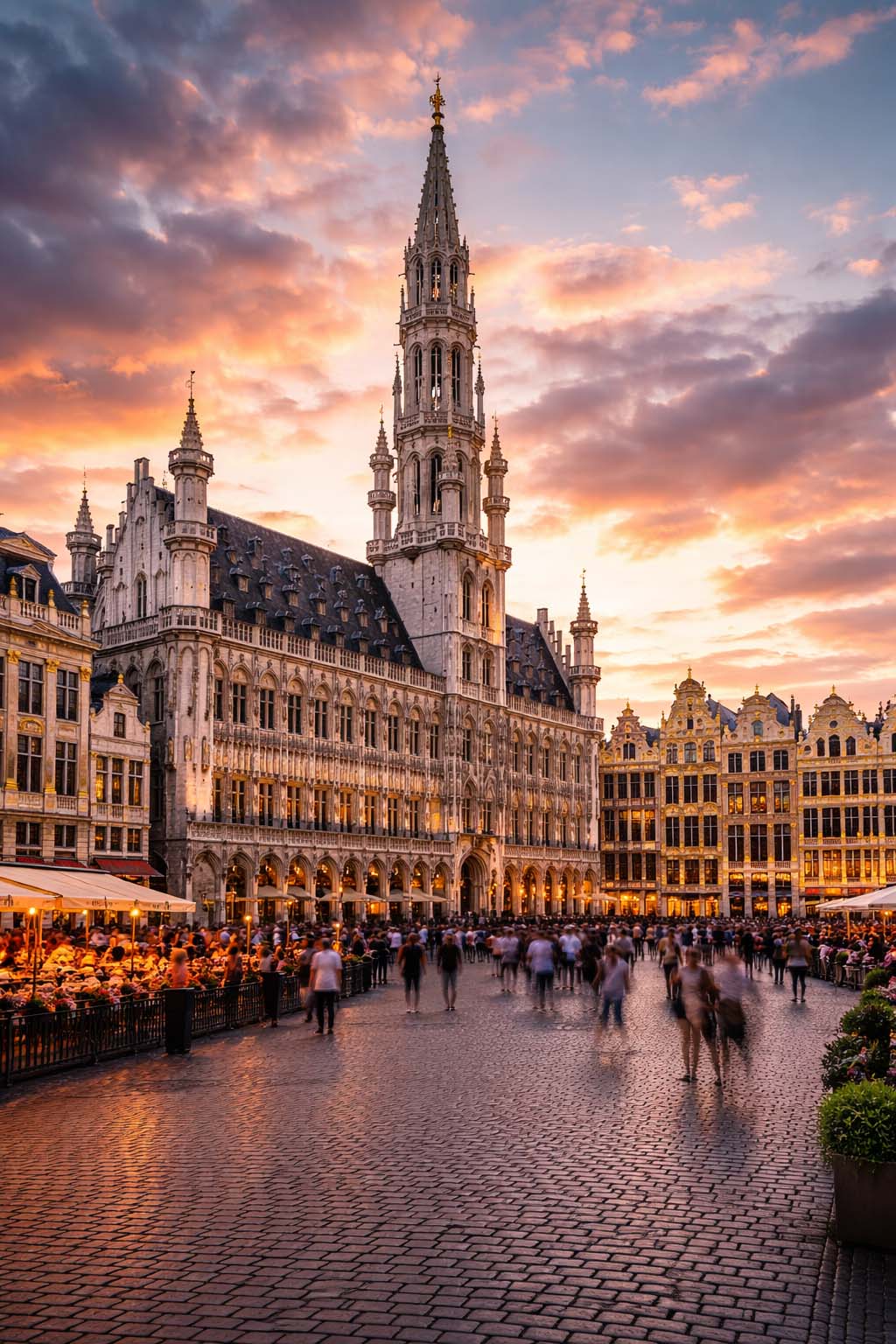 Grand-Place de Bruxelles au coucher du soleil avec l’Hôtel de Ville et ses façades historiques